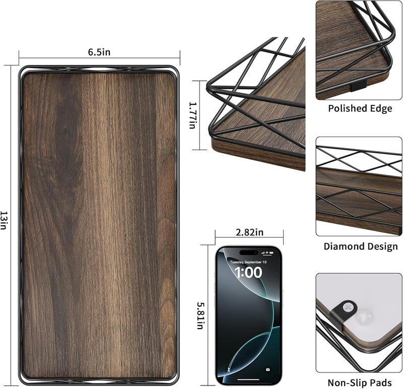 Lixple Toilet Paper Basket Holder, 13" Bathroom Tray Countertop, Wood and Metal Toilet Tank Tray Bathroom Vanity Organizer for Toiletry, Kitchen Sink Organizer for Soap Dispenser (Brown+Black) - Image 2